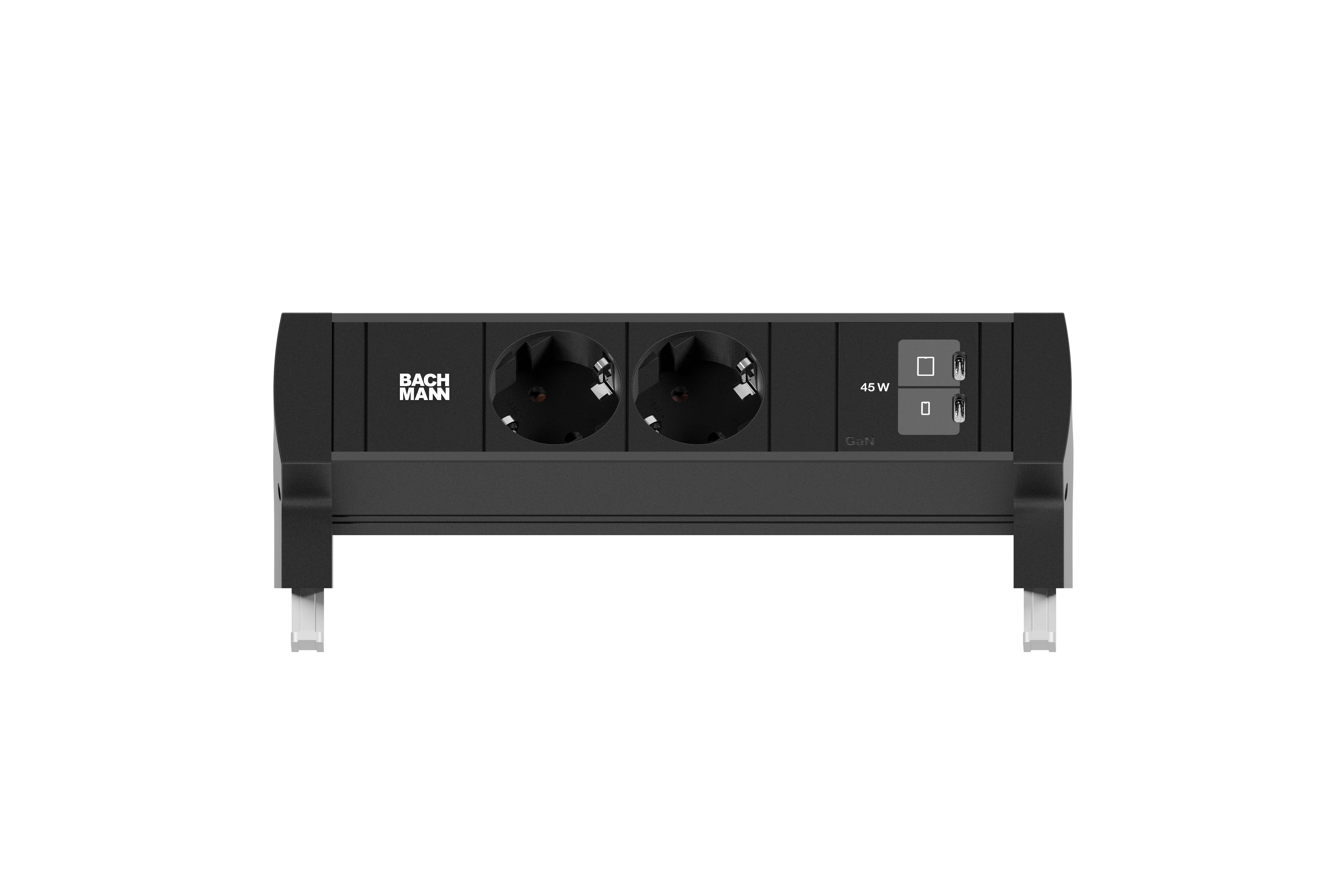 Bachmann BM0028981 Steckdosenleiste DESK STYLE, 2x Schutzkontaktsteckdose, 1x USB C/C 45 W, 0,2 m GST18, mit Haltewinkel, schwarz