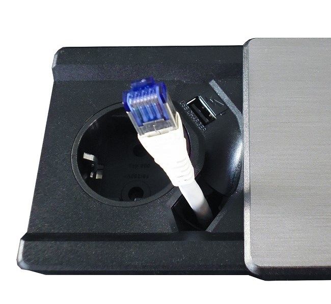 EVOline® 159270000200 Tisch-Einbausteckdose Square80 mit USB u.CAT6 3m flexibel