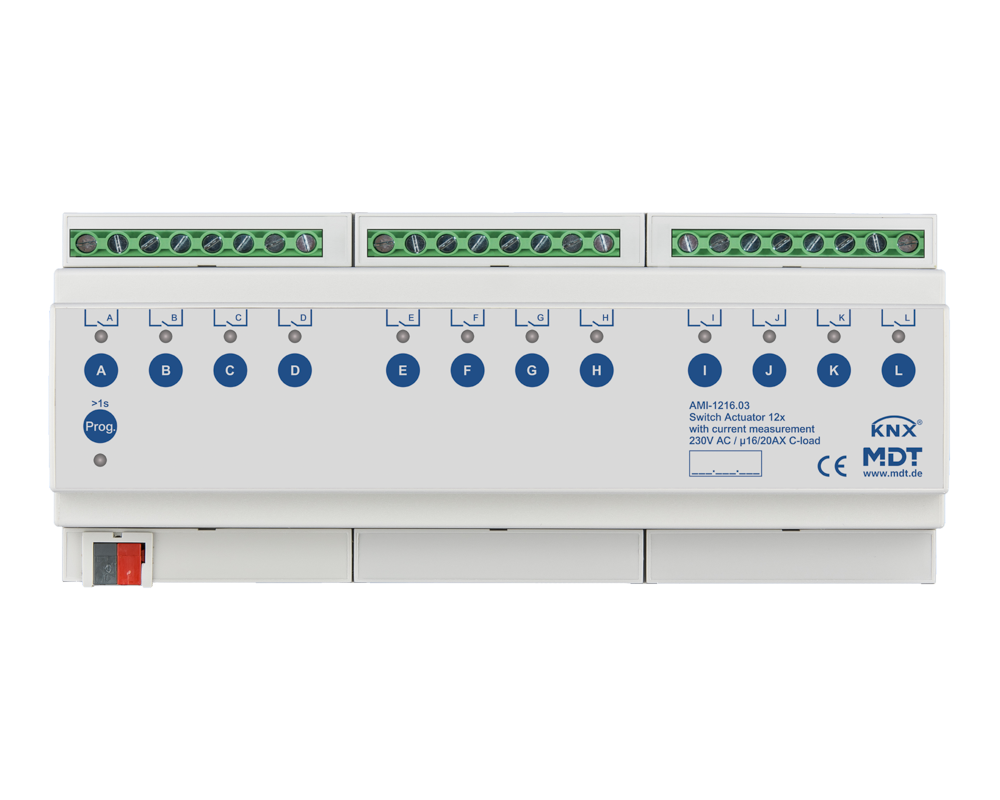 MDT AMI-1216.03 Schaltaktor 12-fach, 12TE, REG, 16/20 A, 230 V AC, C-Last mit Strommessung, 200 µF