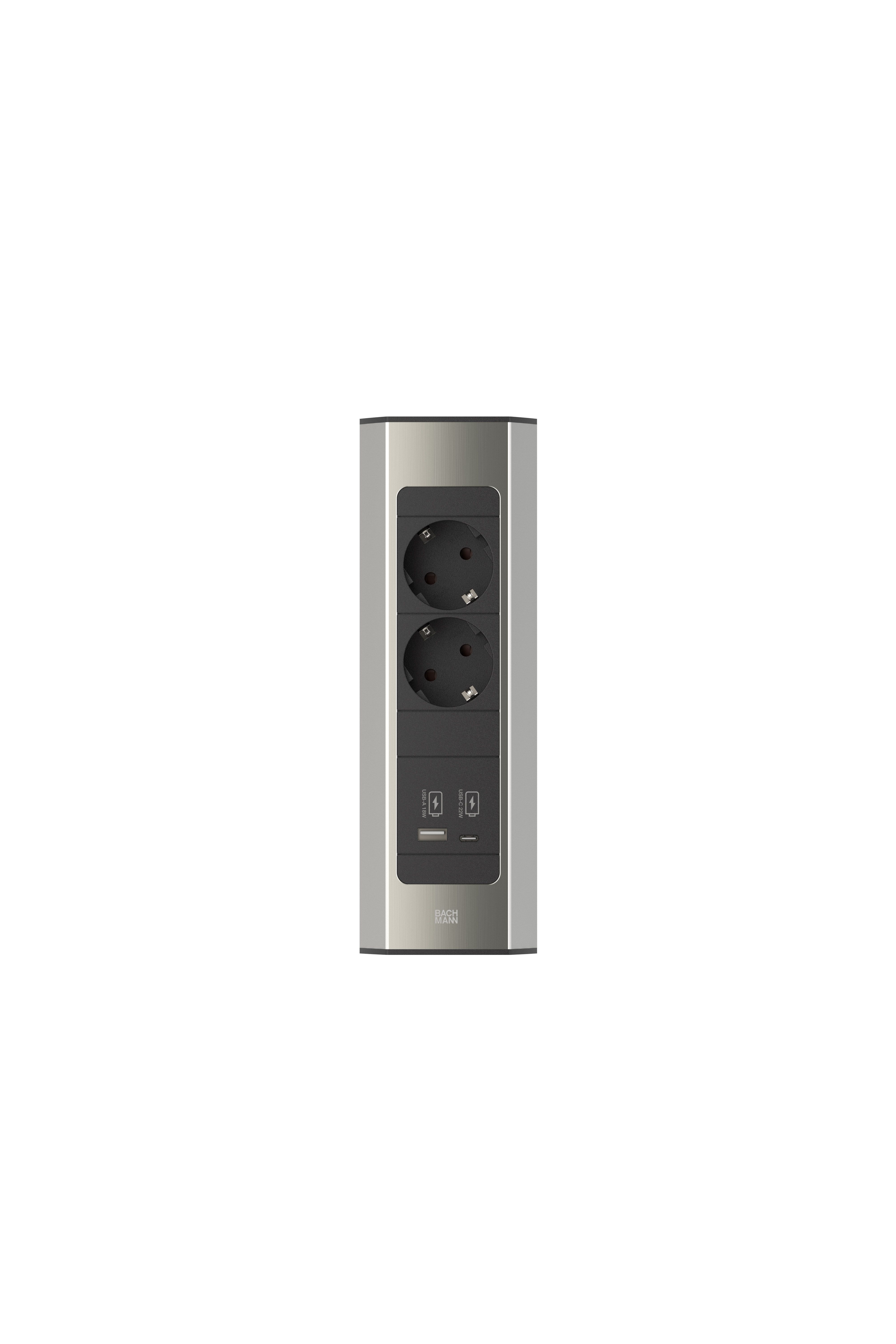 Bachmann 932.002 Steckdosenleiste CASIA 2 Kurz, 2x Schutzkontaktsteckdose, 1x USB A/C 22W, 2,0 m Aderendhülsen und beigelegter Montagestecker, edelstahl