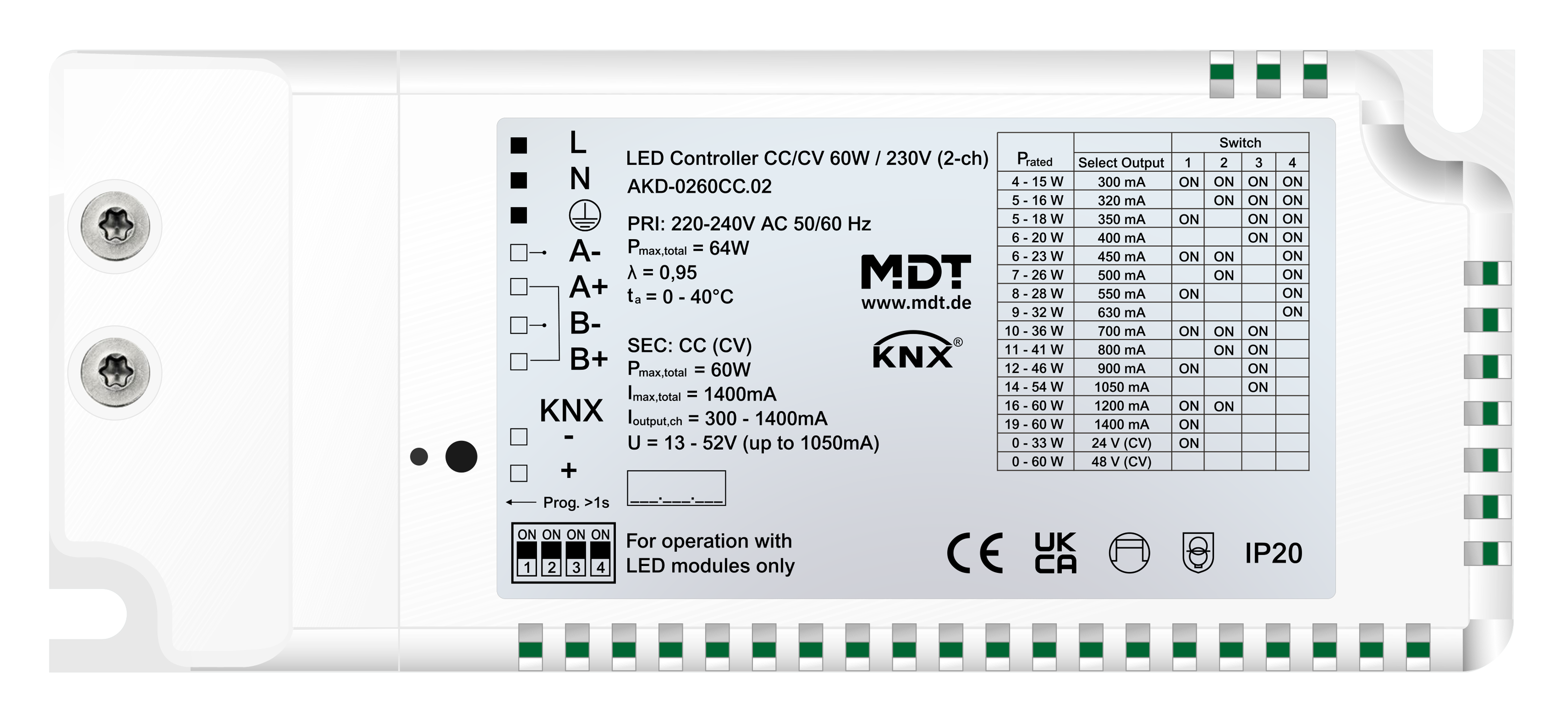 MDT AKD-0260CC.02 KNX LED Controller CC/CV 60 W / 230 V 2-Kanal