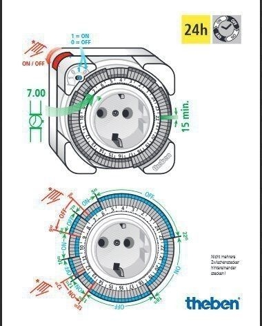 Theben 0260855 theben-timer 26 IP 44 Analoge Zeitschaltuhr für den Außenbereich, 1 Kanal, Steckdosen-Schaltuhr, Zeitprogrammstecker, Zeitschalter, bis zu 400 W LED, Outdoor, Schaltzustandsanzeige