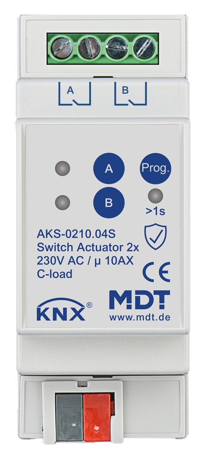 MDT AKS-0210.04S KNX Schaltaktor 2-fach, 2TE REG, 10 A, 230 V AC, C-Last, Standard, 140µF