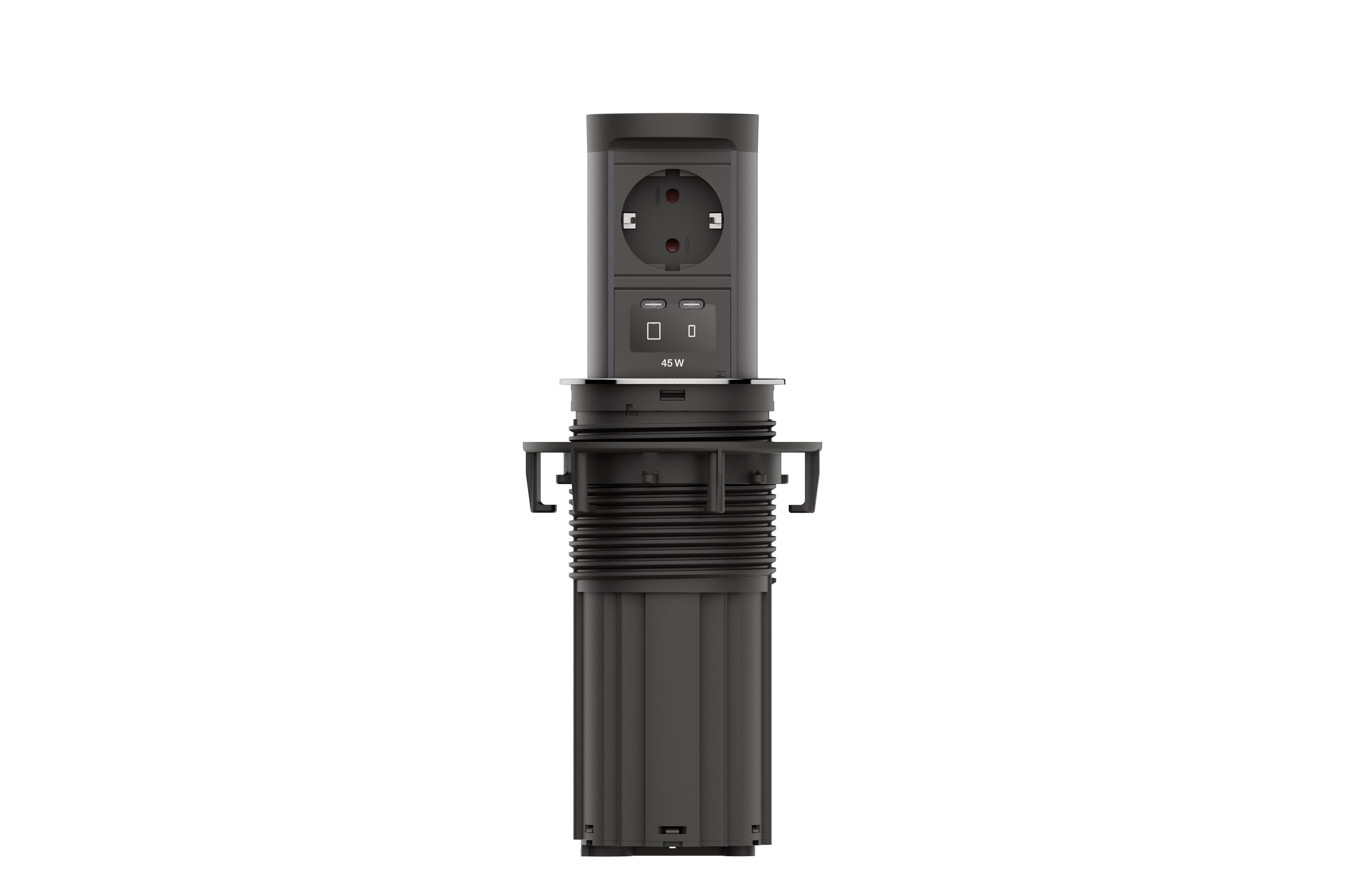 Bachmann BM0020570 Steckdoseneinheit ELEVATOR 2, versenkbar, 1x Schutzkontaktsteckdose, 1x USB C/C 45 W, 2,0 m Aderendhülsen und Montagestecker, edelstahl