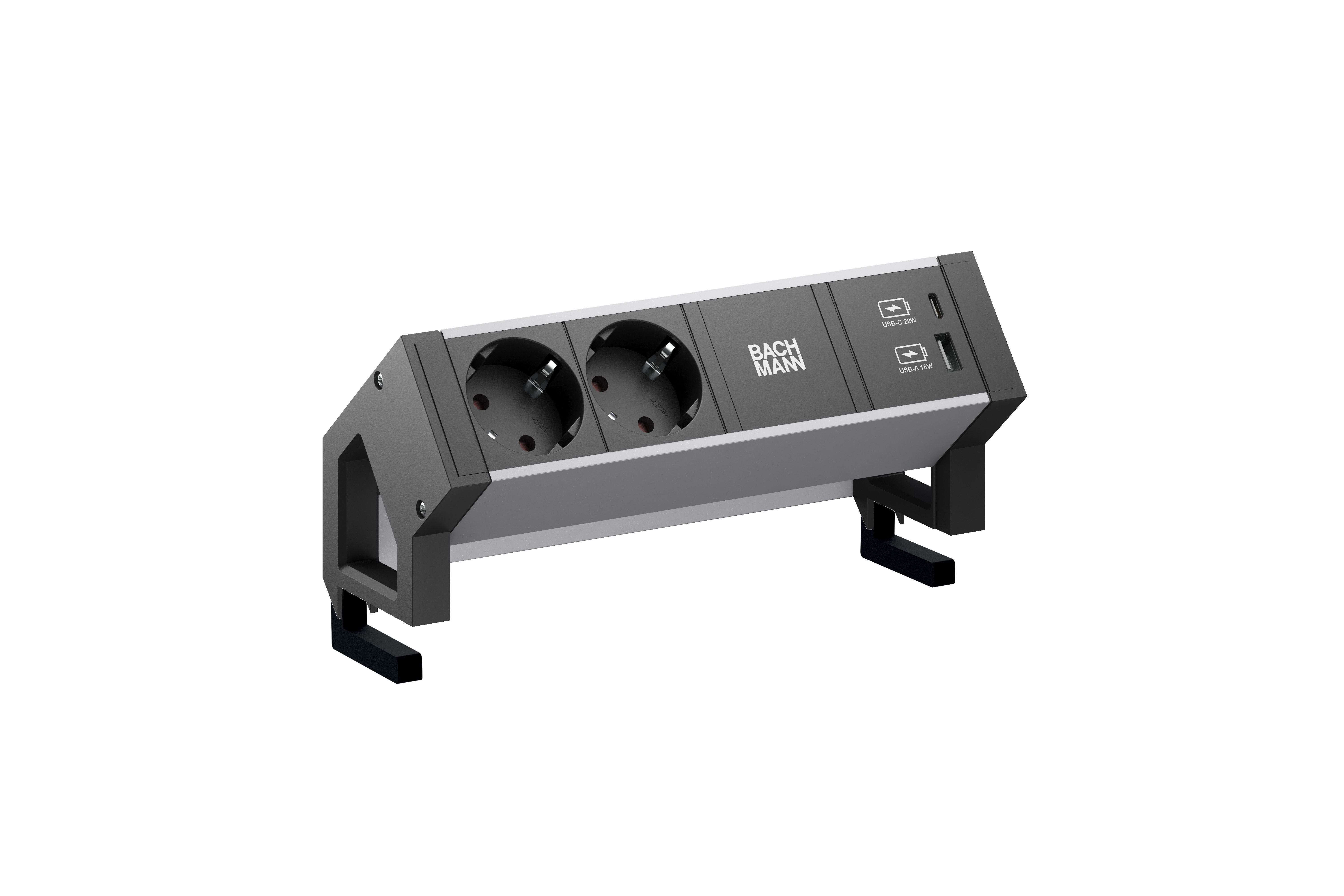 Bachmann 937.301 Steckdosenleiste DESK2, 2x Schutzkontaktsteckdose, 1x USB A/C 22 W, 0,2 m GST18, inklusive Haltewinkel, aluminium/schwarz