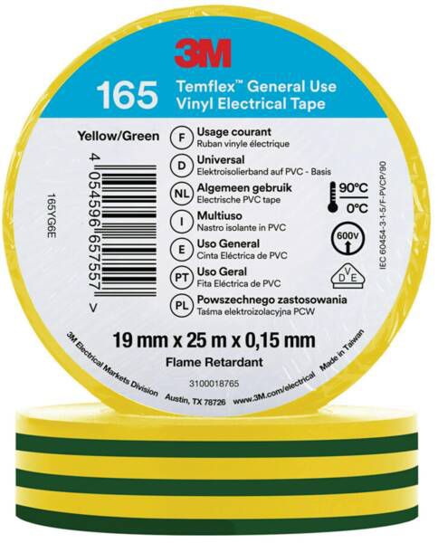 3M 7100222494 Temflex Vinyl-Isolierband 165, 19 mm x 25 m, gelb / grün