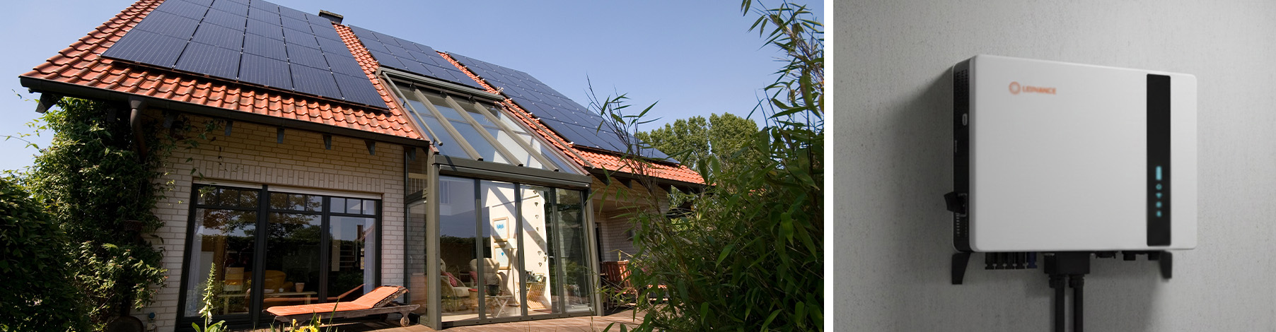 Kombinationsbild: Links ein Wohnhaus mit großer Photovoltaikanlage und Wintergarten; rechts ein moderner Hybrid-Wechselrichter an einer Wand montiert.