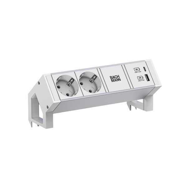 Bachmann 937.402 Steckdosenleiste DESK2, 2x Schutzkontaktsteckdose, 1x USB A/C 22 W, 0,2 m GST18, inklusive Haltewinkel, aluminium/weiß
