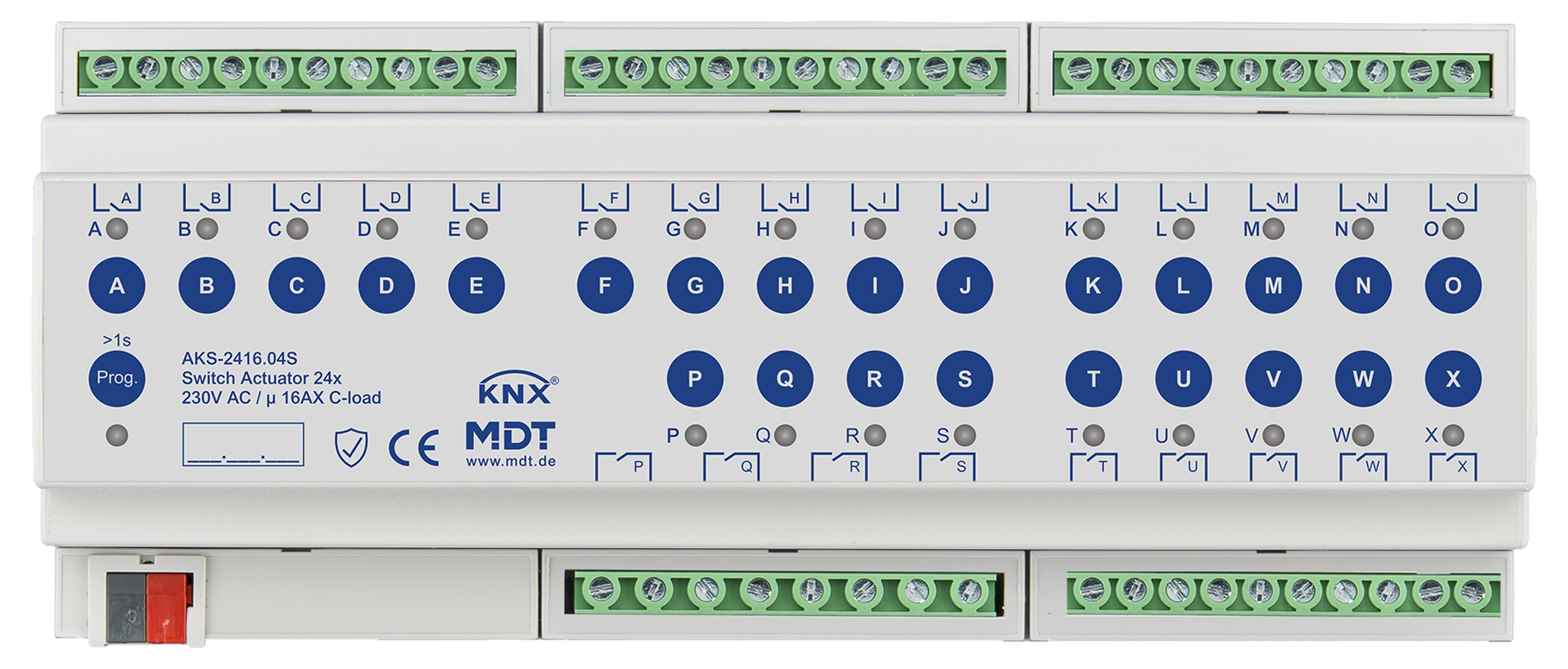 MDT AKS-2416.04S KNX Schaltaktor 24-fach, 12TE REG, 16 A, 230 V AC, C-Last, Standard, 140µF