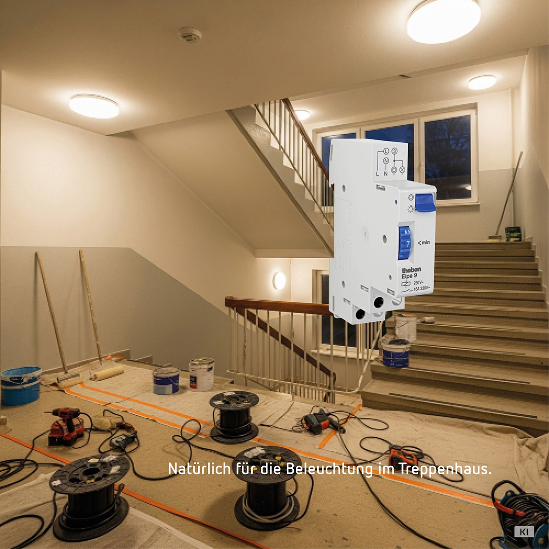 Theben 0090001 ELPA 9 Treppenlicht-Zeitschalter, elektromechanisch, TLZ, ohne Stand-By-Verbrauch, 3-Leiter, Nachrüstung, Sanierung, Austausch, 300 W LED, Kippschalter für Dauerlicht