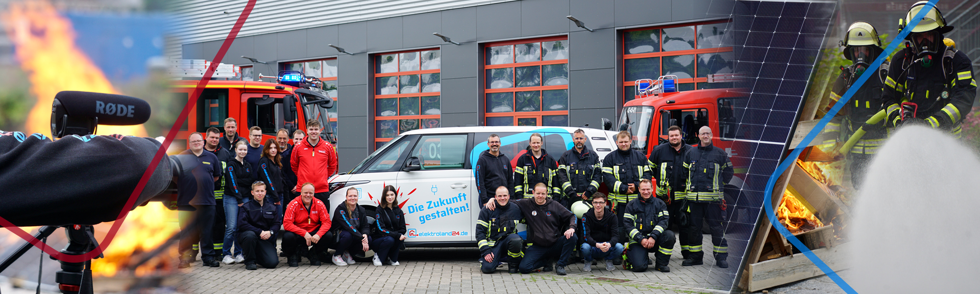 Feuerwehrleute und Mitarbeiter von elektroland24 stehen vor einem ID Buzz, der vor einer Feuerwache steht