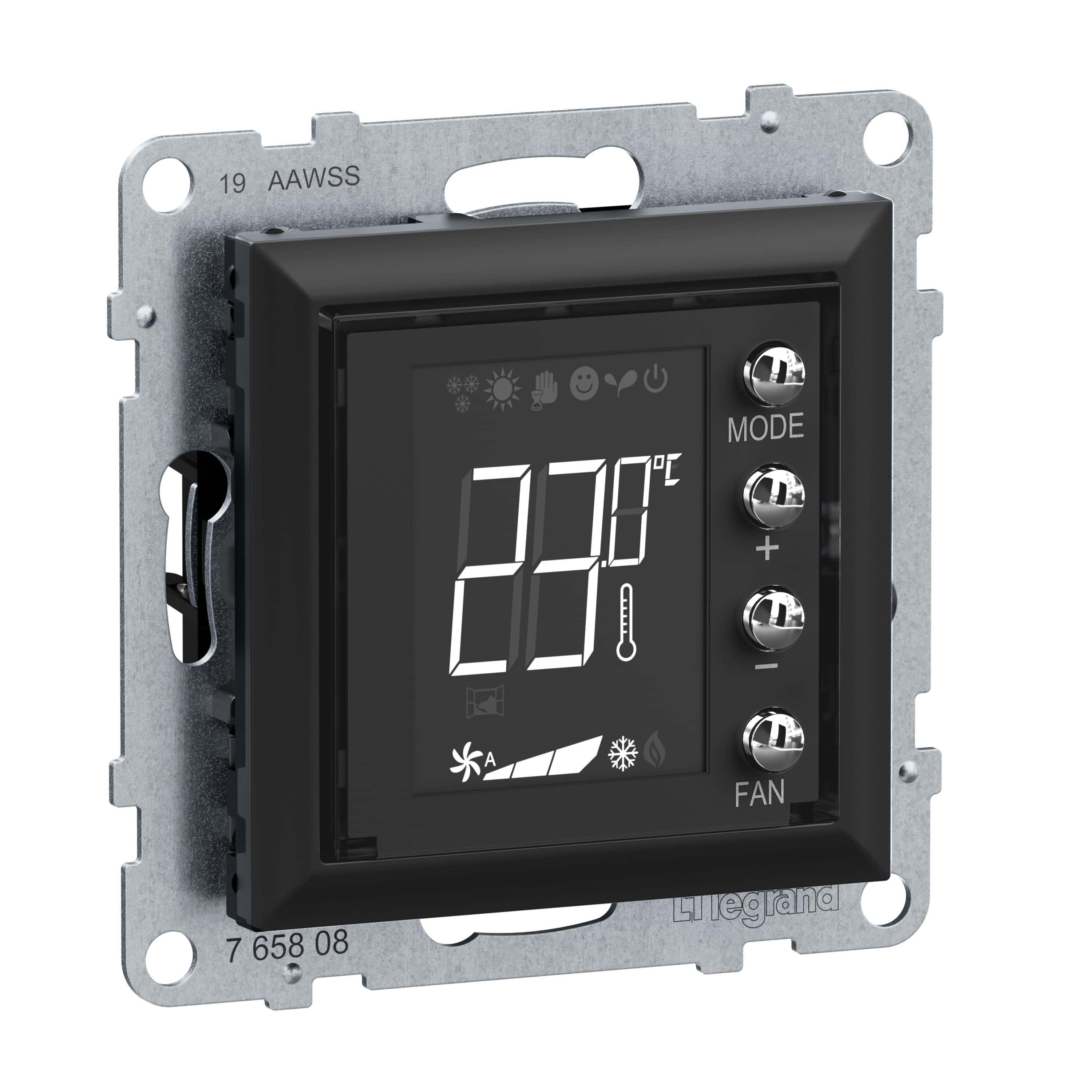 Legrand 765808 SEANO MyHome Thermostat mit beleuchtetem Display, Temperatursensor und potentialfreiem Eingang inklusive Abdeckung, schwarz