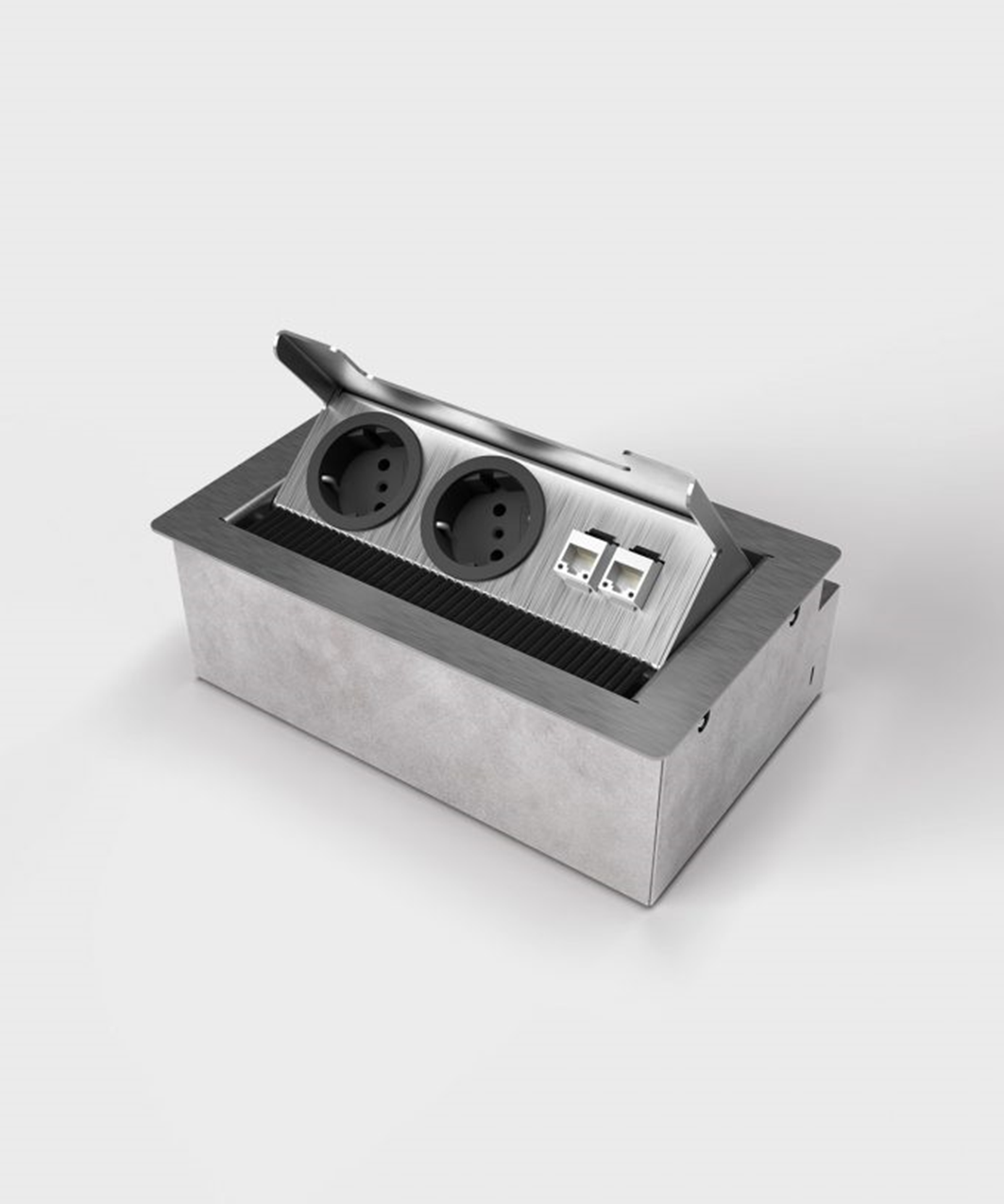 BS 3203E1 Anschlussmodul für Tisch- oder Bodenbereich, 3-fach, eckig, Klappdeckel aus Edelstahl, 2x Schutzkontakt-Steckdose, 1x RJ45 2-fach, inkl. Aufnahmebox