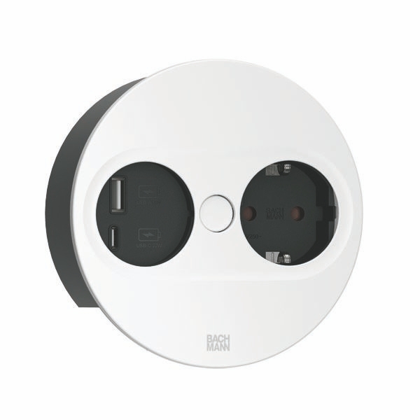 Bachmann 946.204 Steckdoseneinheit TWIST 2, 1x Schutzkontaktsteckdose, 1x USB A/C 22 W, 2,0 m Aderendhülsen und Montagestecker, rund, weiß matt