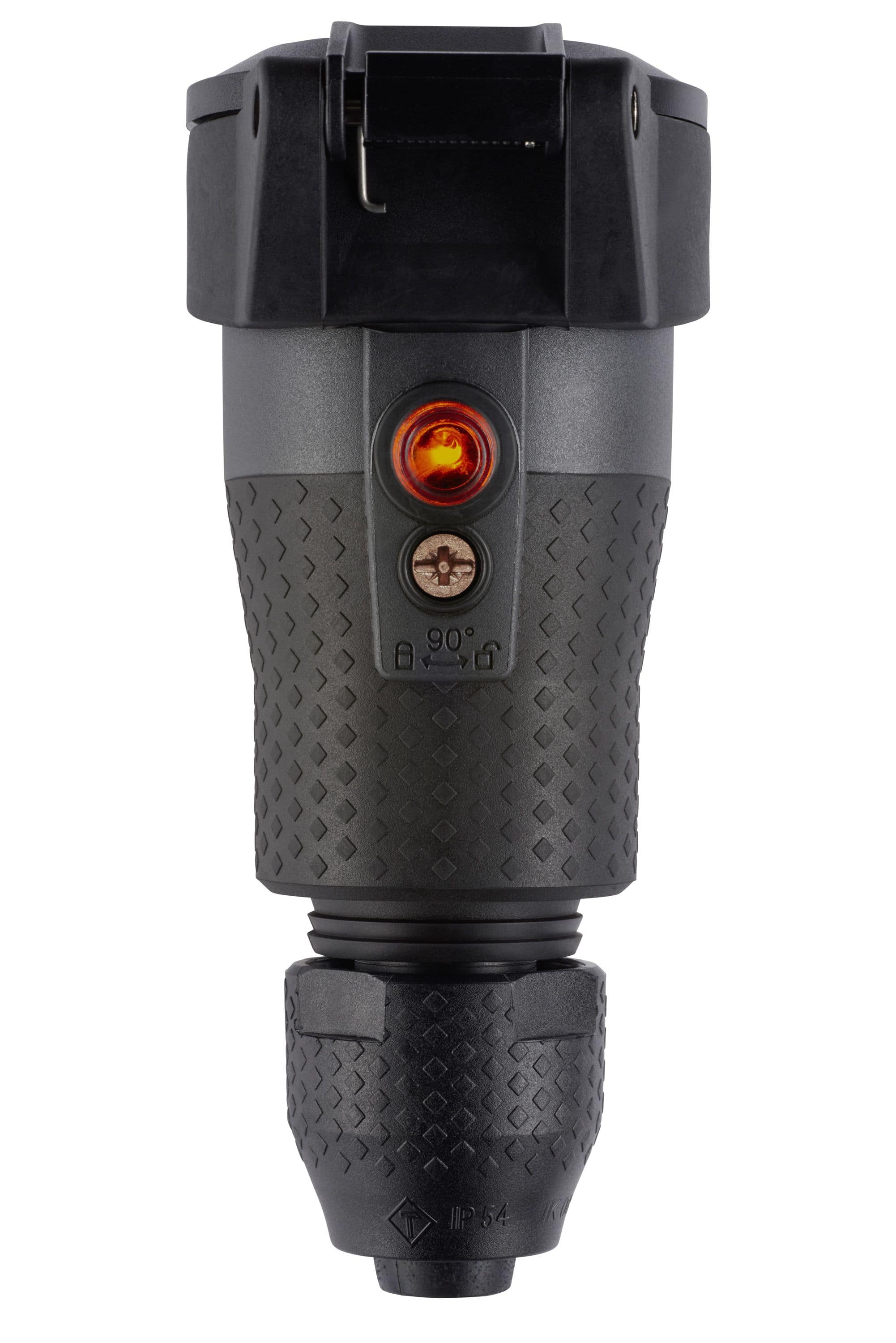 ABL 100000105 Schutzkontakt-Kupplung Professional Typ 1590, selbstschliessender Klappdeckel, Schnellverschluss, Spannungsanzeige, IP54, Elamid-2K, schwarz