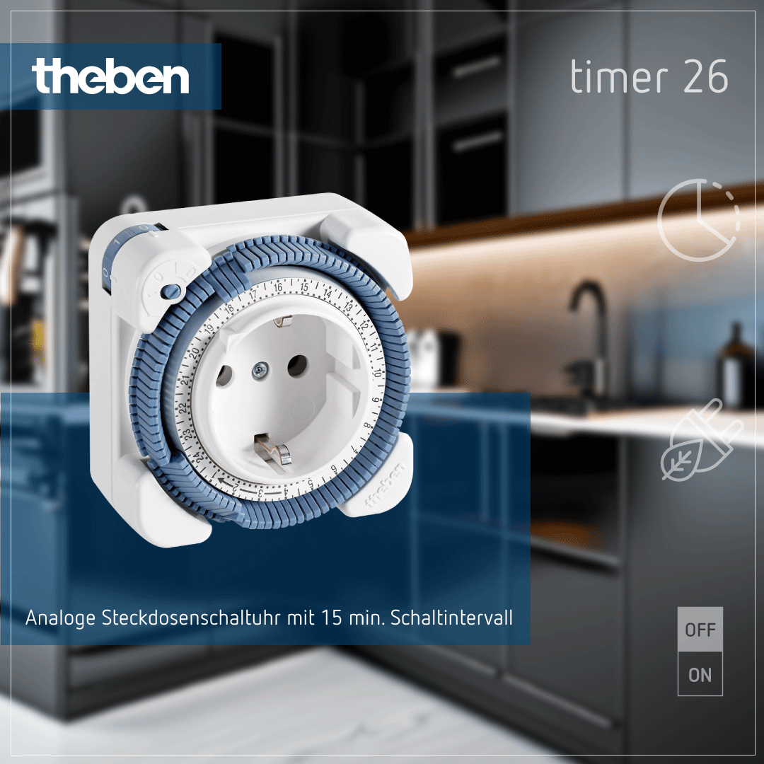 Theben-timer 26: Analoge Steckdosenschaltuhr, 1 Kanal, kompakt und zuverlässig Theben-timer 26, analoge Steckdosenschaltuhr mit 1 Kanal, kompakt, IP20-Schutzklasse