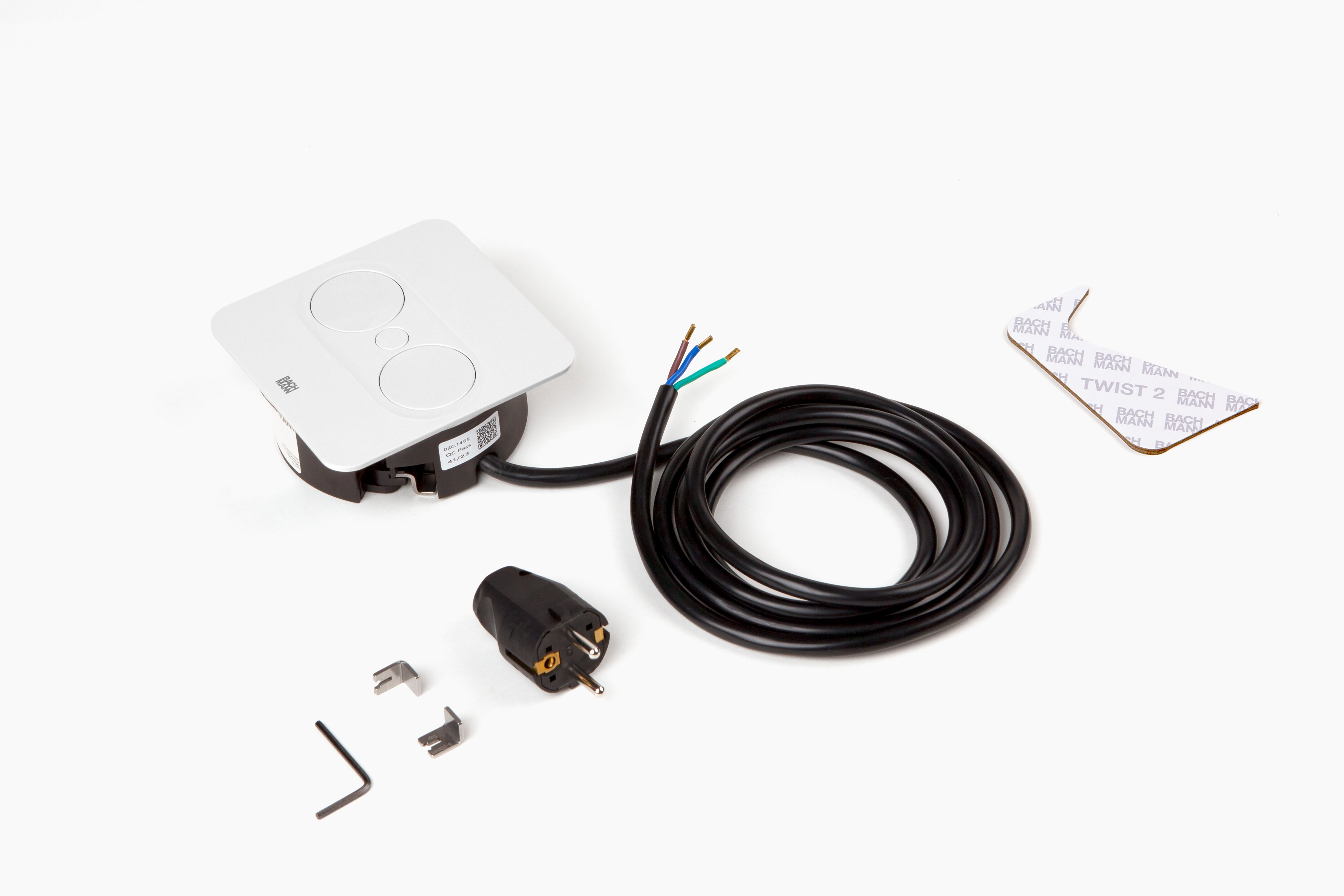 Bachmann 946.205 Steckdoseneinheit TWIST 2, 1x Schutzkontaktsteckdose, 1x USB A/C 22 W, 2,0 m Aderendhülsen und Montagestecker, eckig, weiß matt