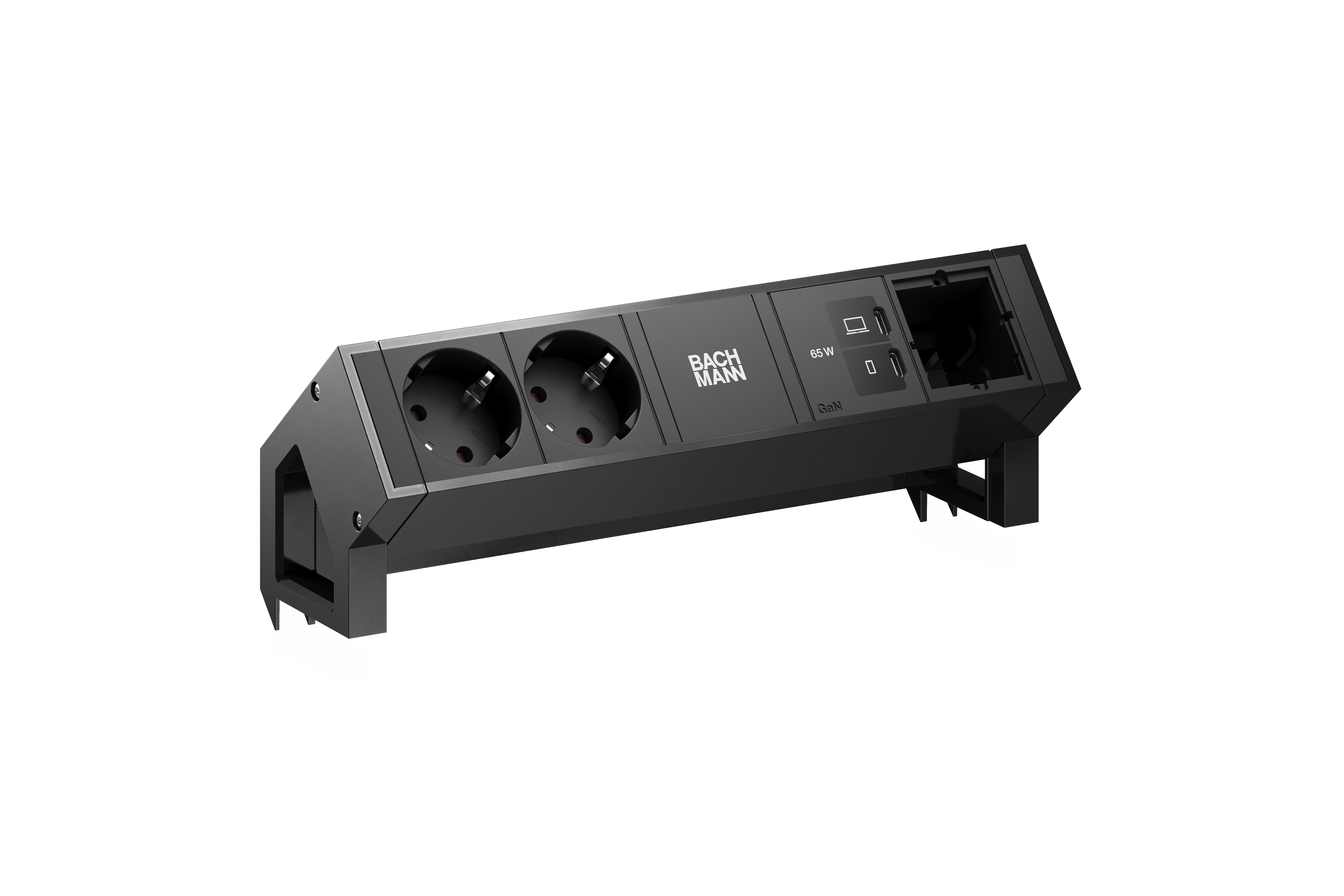 Bachmann BM0024275 Steckdosenleiste DESK2, 2x Schutzkontaktsteckdose, 1x USB C/C 65 W, 1x Custom Modul, 0,2 m GST18, inklusive Haltewinkel, schwarz
