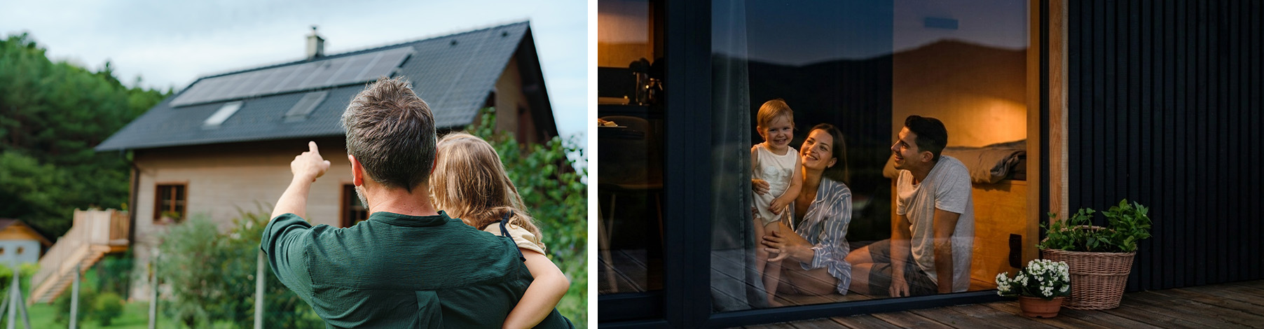 Zweigeteiltes Bild: Links ein Vater mit Kind, die auf eine PV-Anlage zeigen; rechts eine glückliche Familie in einem hell erleuchteten, modernen Zuhause.