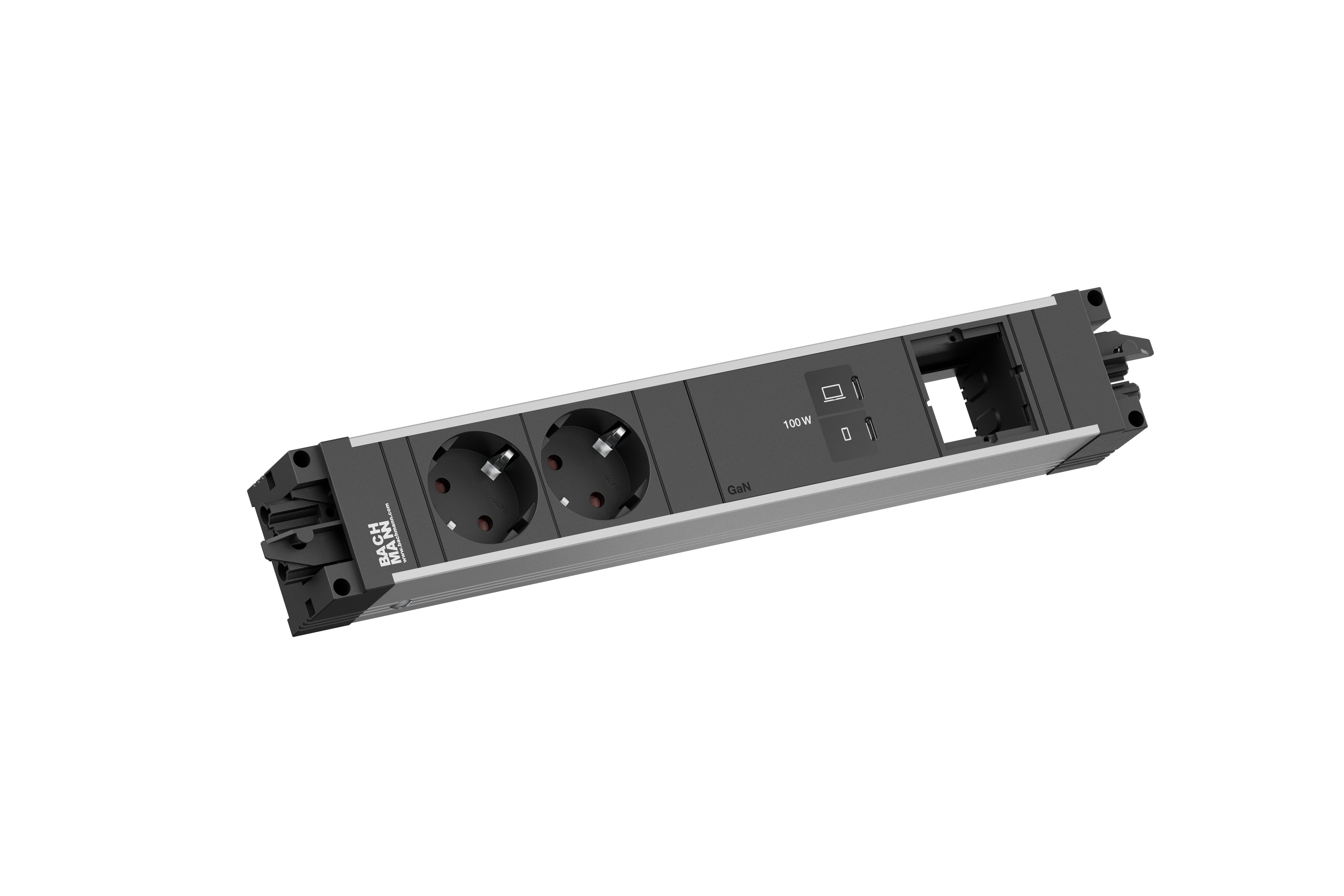 Bachmann BM0023835 Modulare Steckdosenleiste STEP ALU, 2x Schutzkontaktsteckdose, 1x USB C/C 100 W, 1x Custom Module, aluminium/schwarz
