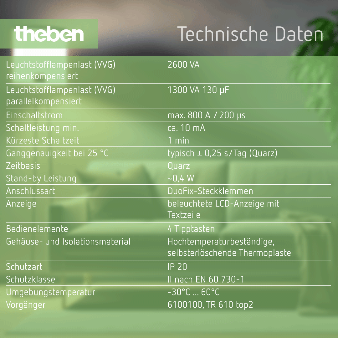 Datenblatt der Theben TR 610 top3 – Digitale Zeitschaltuhr, Wochenprogramm, 1 Kanal, 56 Speicherplätze Datenblatt Theben TR 610 top3 – Digitale Zeitschaltuhr, Wochenprogramm, 1 Kanal, 56 Speicherplätze