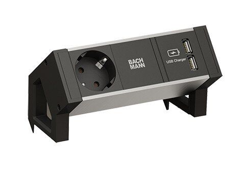 Bachmann 937.102 DESK2, 1 Schutzkontaktsteckdose, 1 USB Doppelcharger 5V/3,1A, Zuleitung 0,2m H05VV-F3G1,5mm², GST18i3 Stecker, inkl. Haltewinkel
