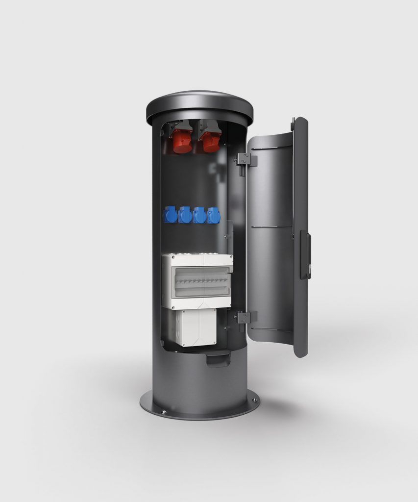 BS ESP24-1-7 Energiesäule abschließbar, Edelstahl, 1140mm hoch, 1x CEE 5/32A 400V, 1x CEE 5/16A 400V, 4x Schutzkontaktsteckdose, Absicherung, dunkelgrau (DB703)