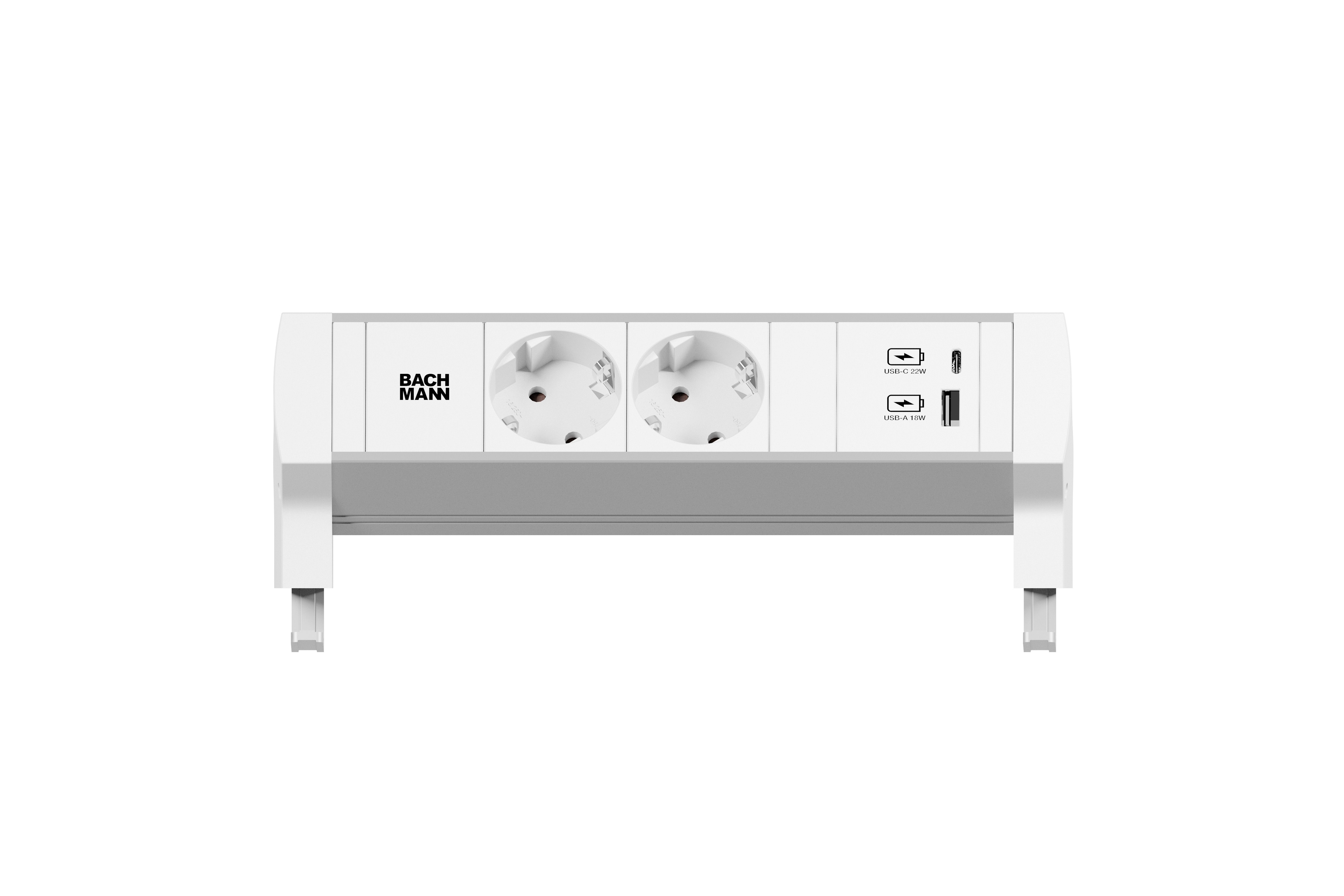 Bachmann BM0028979 Steckdosenleiste DESK STYLE, 2x Schutzkontaktsteckdose, 1x USB A/C 22 W, 0,2 m GST18, mit Haltewinkel, hellgrau/weiß
