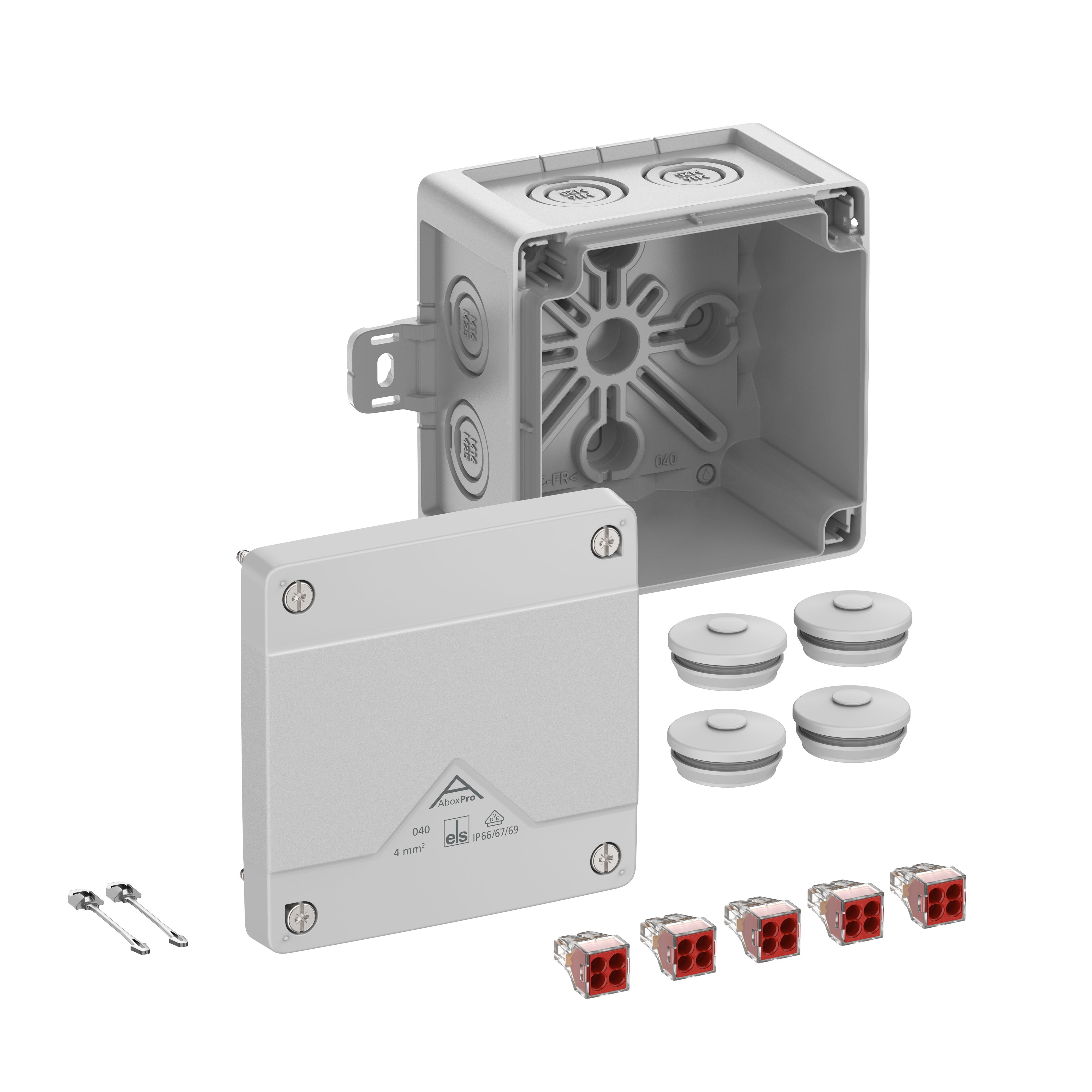 Spelsberg 40442101 Abzweigkasten, Schutzart IP66/IP67/IP69, max. 4mm², Schlagfestigkeit IK09, Schutzklasse II, Ui 400V AC, Ui 400V DC, DLG, DNV, VDE, halogenfrei