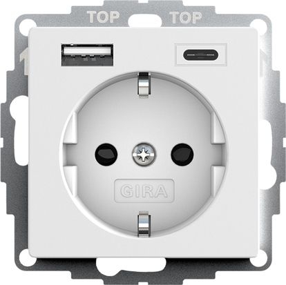 Gira 245927 Schutzkontakt-Steckdose mit erhöhtem Berührungsschutz (Safety Plus) und USB-Spannungsversorgung 2-fach Typ A/C, System 55, reinweiß seidenmatt