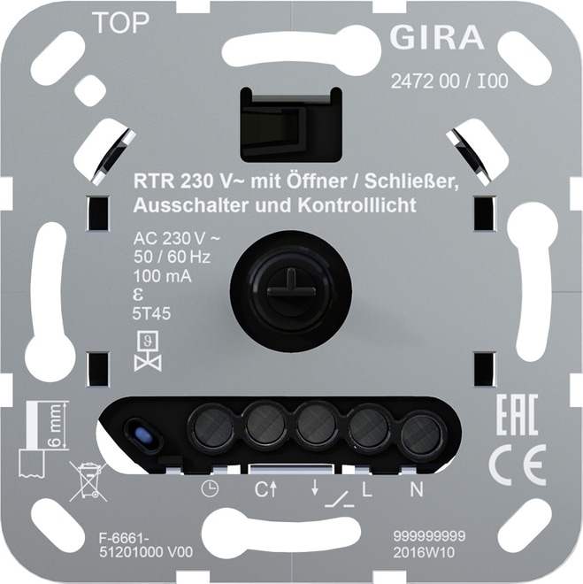Gira 247200 Einsatz Raumtemperaturregler 230 V~ mit Öffner bzw. Schließer, Ausschalter und Kontrolllicht