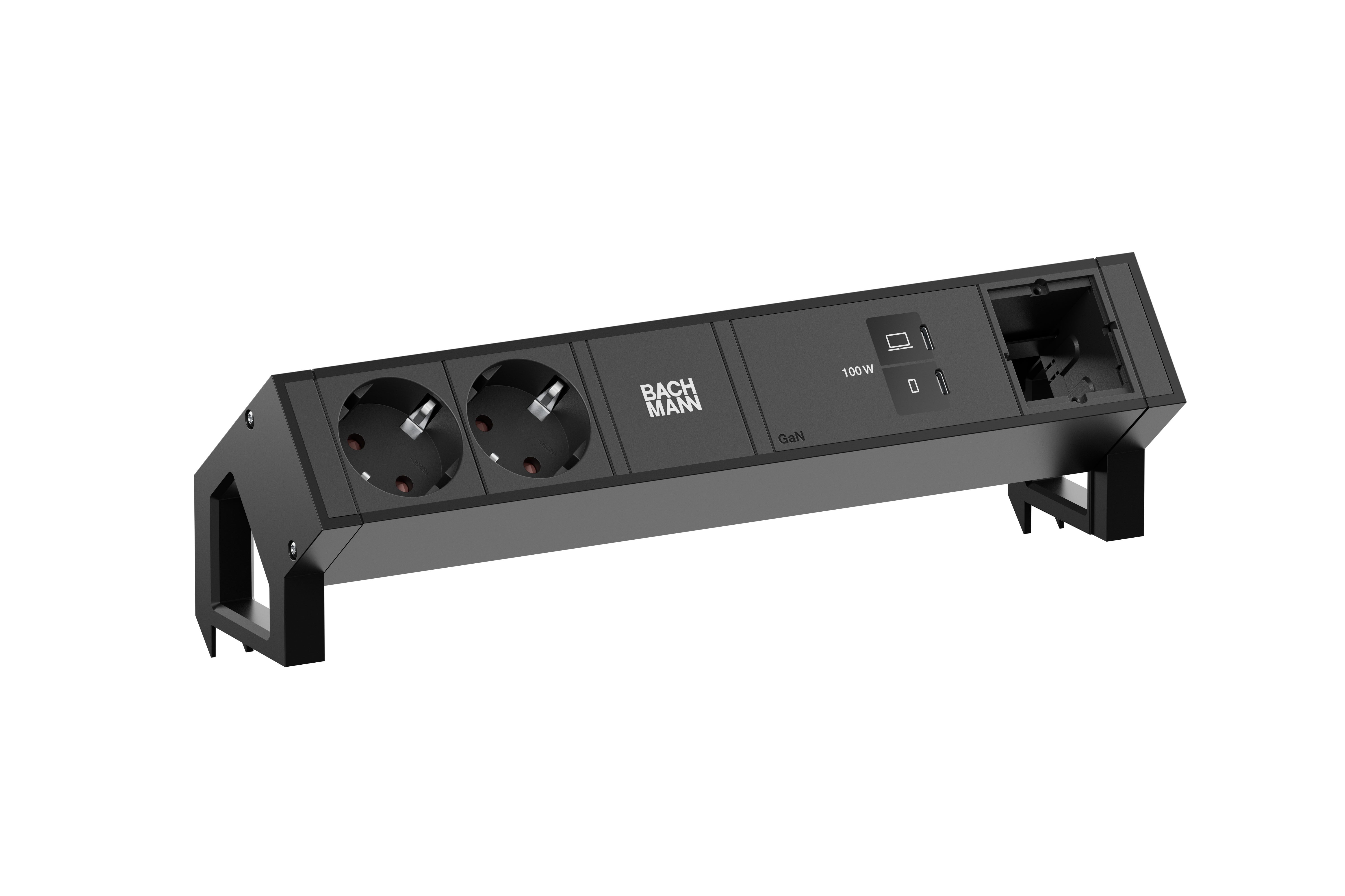 Bachmann BM0023755 Steckdosenleiste DESK2, 2x Schutzkontaktsteckdose, 1x USB C/C 100 W, 1x Custom Module, 1,0 m feste Zuleitung GST18, inklusive Haltewinkel, schwarz