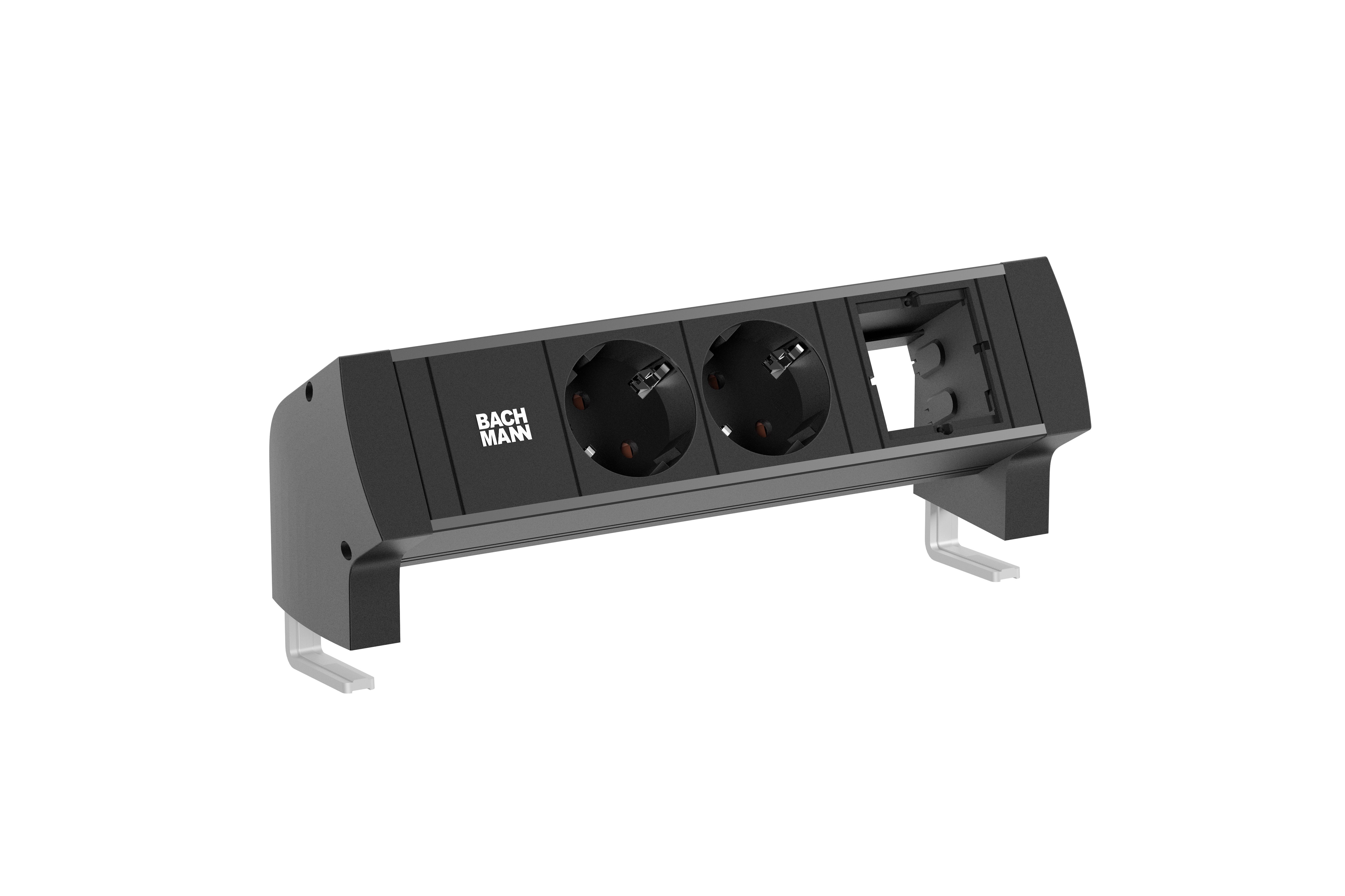 Bachmann BM0028983 Steckdosenleiste DESK STYLE, 2x Schutzkontaktsteckdose, 1x Custom Module, 0,2 m GST18, mit Haltewinkel, schwarz