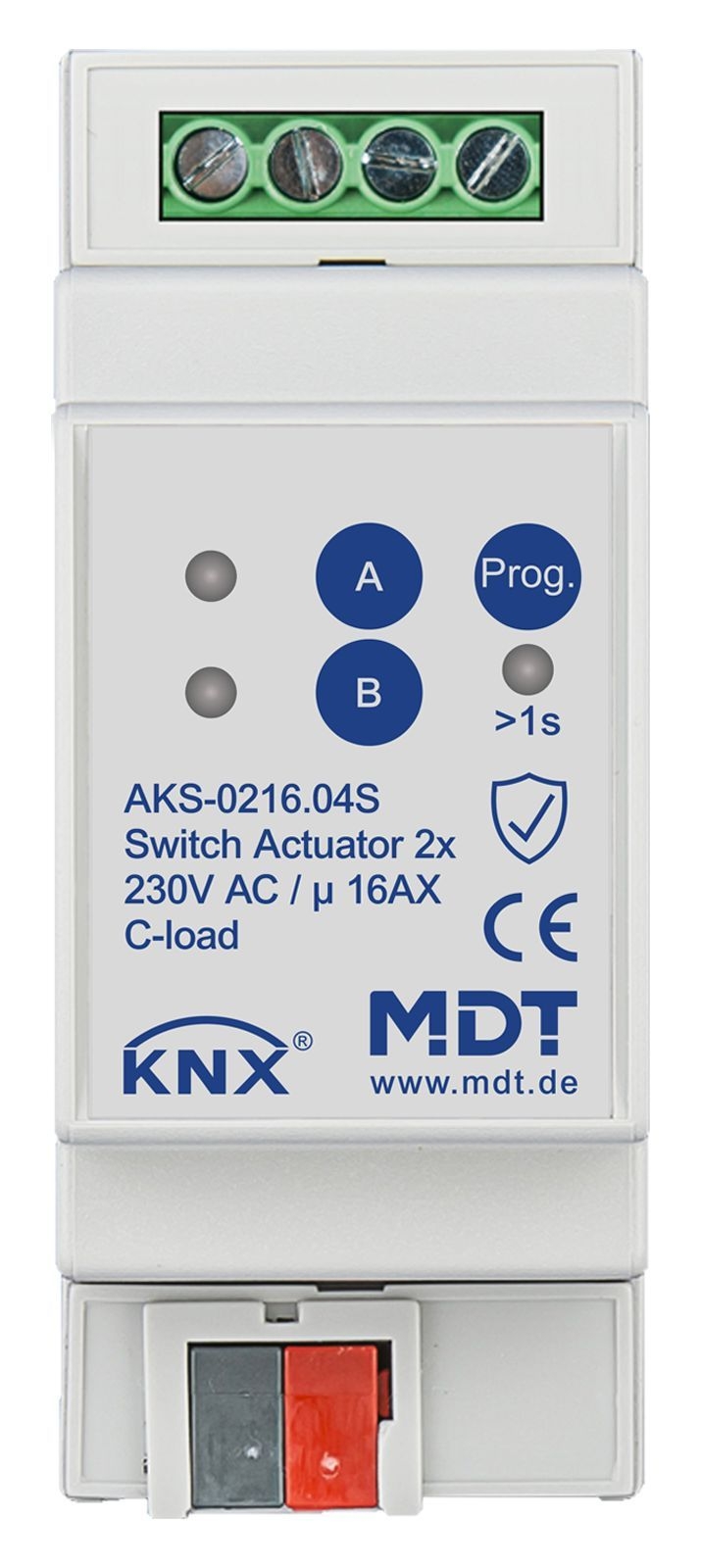 MDT AKS-0216.04S KNX Schaltaktor 2-fach, 2TE REG, 16 A, 230 V AC, C-Last, Standard, 140µF