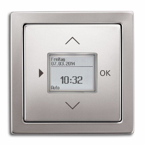Busch-Jaeger 6435-866 Zentralscheibe für Timer/Raumtemperatur-Regler-Bedienelement mit Aufdruck Symbol "Pfeiler" und "OK", edelstahl matt, pur Edelstahl