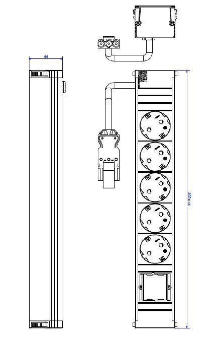 Bachmann 912.008 CONI Steckdoseneinheit ALU, 6-fach / 356mm, 5 Schutzkontaktsteckdosen, 1 Abdeckung leer, Zuleitung 0,20m H05VV-F 3G1,50qmm, Wieland GST18 Steckverbinder