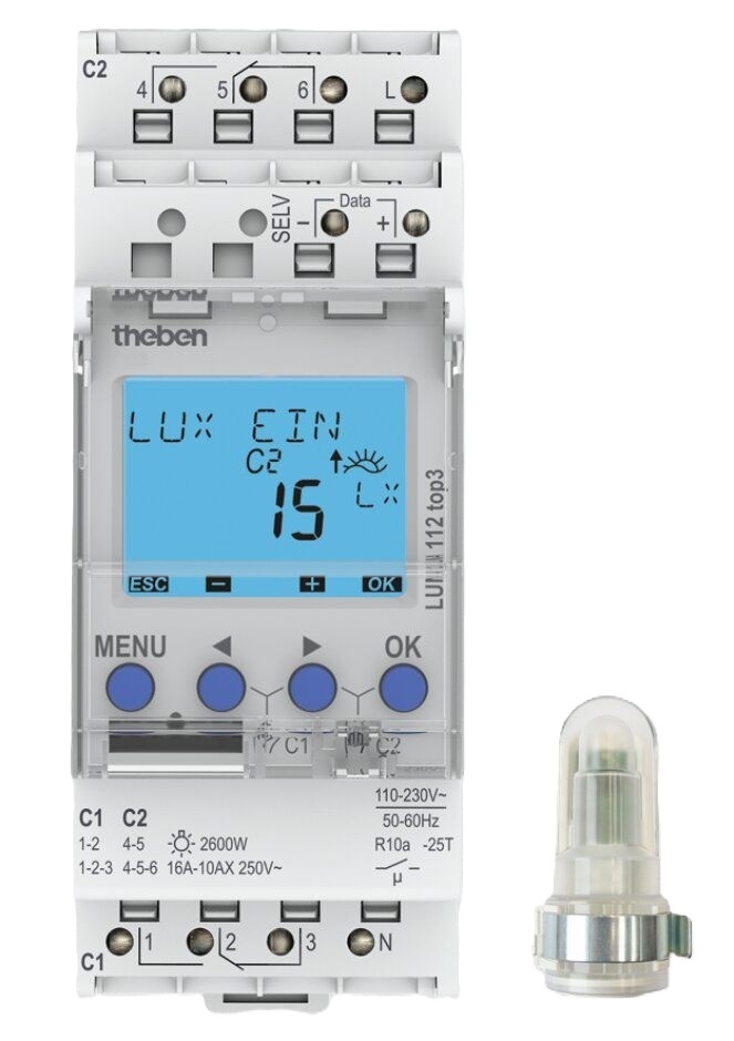 Theben 1120130 LUNA 112 top3 AL Digitaler Dämmerungsschalter mit Aufbau-Lichtsensor, 2 Kanäle
