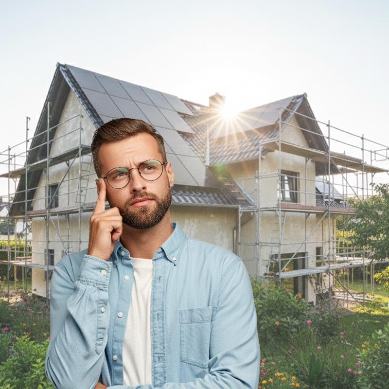 Ein nachdenklicher Mann mit Bart und Brille, der den Zeigefinger an der Schläfe hat, steht vor einem Haus, das mit Gerüst und einer neuen Solaranlage auf dem Dach renoviert wird. Die Sonne scheint von hinten über das Dach und erzeugt einen Lichtstrahl