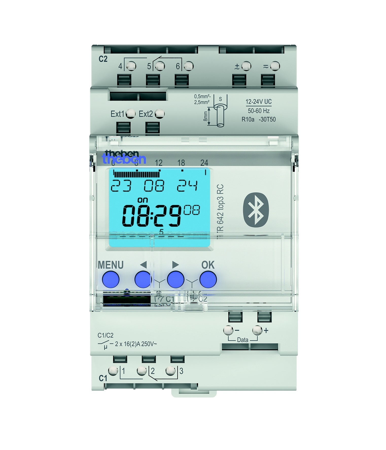 Theben 6424330 TR 642 top3 BLE 12-24V RC Digitale Zeitschaltuhr, mit Jahresprogramm und Astro-Programm, 2 Kanäle,  3 TE