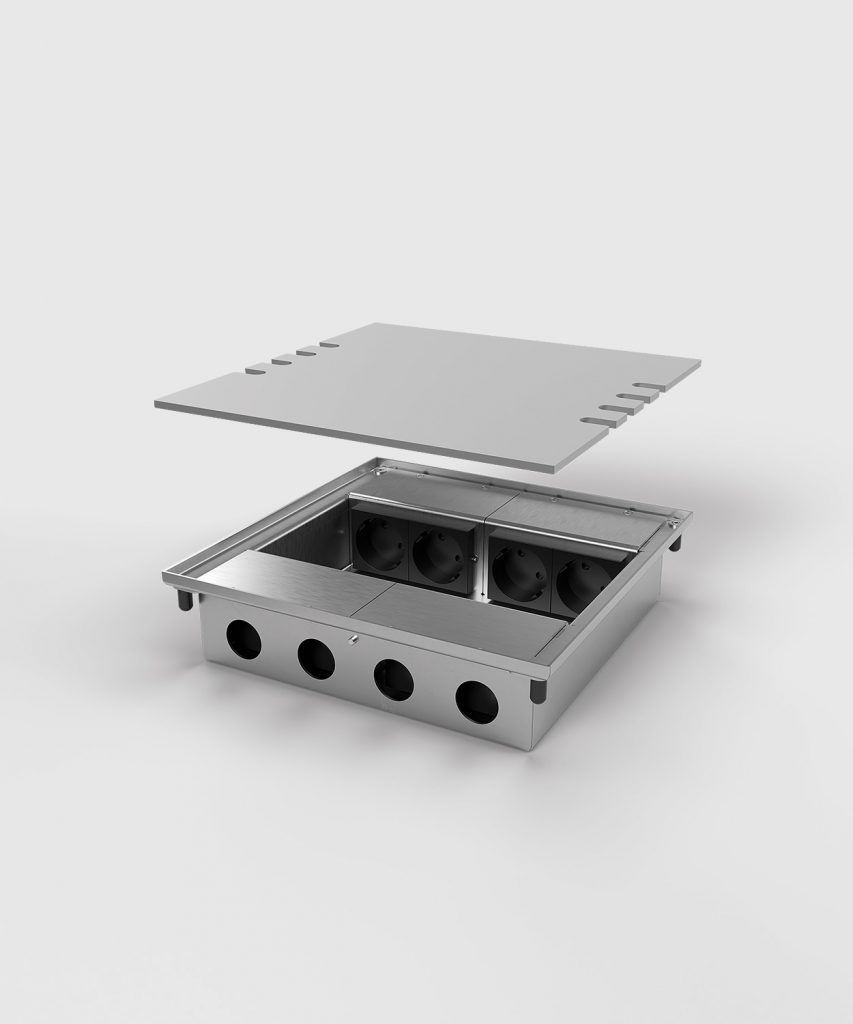 BS 8808A-1-3 Bodentank, 8-fach, eckig, aufliegender Deckel aus Aluminium, 8x Schutzkontakt-Steckdose