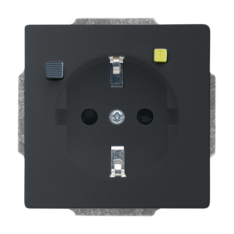 Busch-Jaeger 3120 EUCB-885 Schutzkontakt-Steckdose Safety+ mit Fehlerstrom-Schutzschalter, mit erhöhtem Berührungsschutz, mit Befestigungskrallen, schwarz matt, Plattform 63