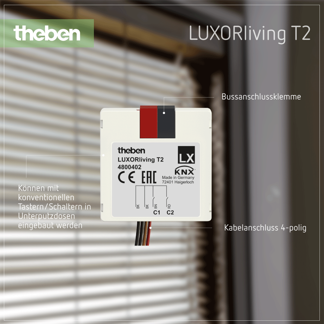 Theben LUXORliving T2 – Tasterschnittstelle zur effizienten Steuerung von Smart Home-Funktionen Produktdetails zur LUXORliving T2 Tasterschnittstelle für die Bedienung von elektrischen Geräten