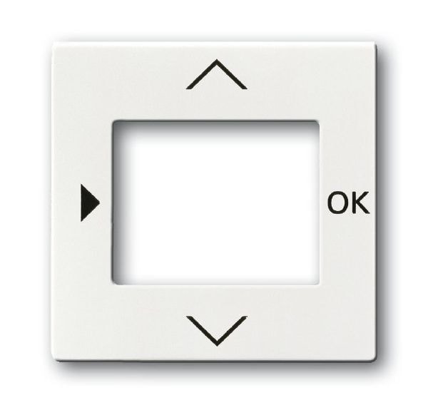 Busch-Jaeger 6435-84 Zentralscheibe für Timer/Raumtemperatur-Regler-Bedienelement mit Aufdruck Symbol "Pfeiler" und "OK", studioweiß glänzend, Plattform 63