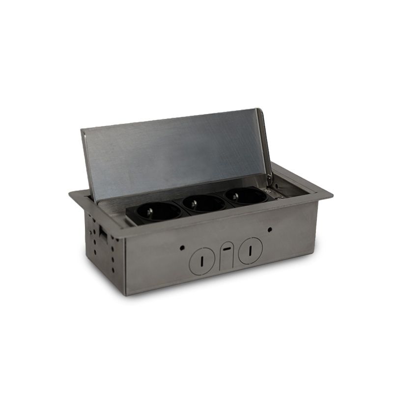 BS 3303E Bodensteckdose, 3-fach, eckig, Klappdeckel aus Edelstahl, 3x Schutzkontakt-Steckdose, inkl. Aufnahmebox