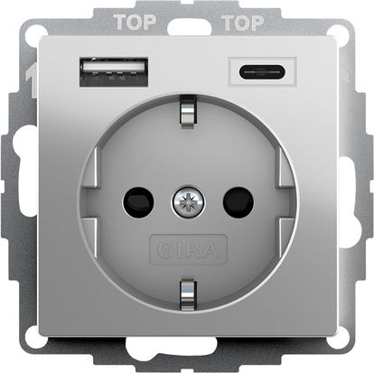 Gira 2459600 Schutzkontakt-Steckdose mit erhöhtem Berührungsschutz (Safety Plus) und USB-Spannungsversorgung 2-fach Typ A/C, System 55, Edelstahl(lackiert)