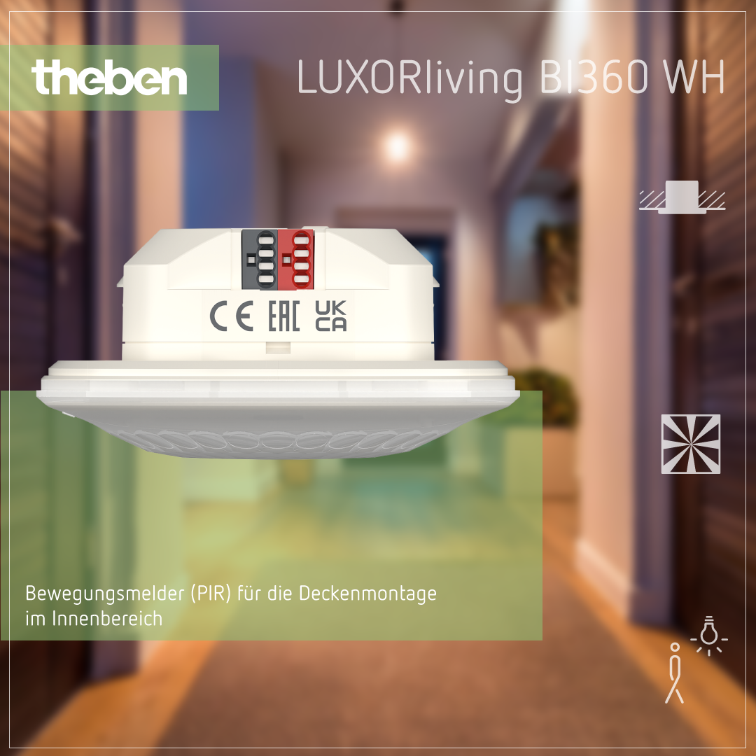 Theben LUXORliving BI360 WH Bewegungsmelder, UP Deckenmontage mit Licht- und Temperaturmessung.