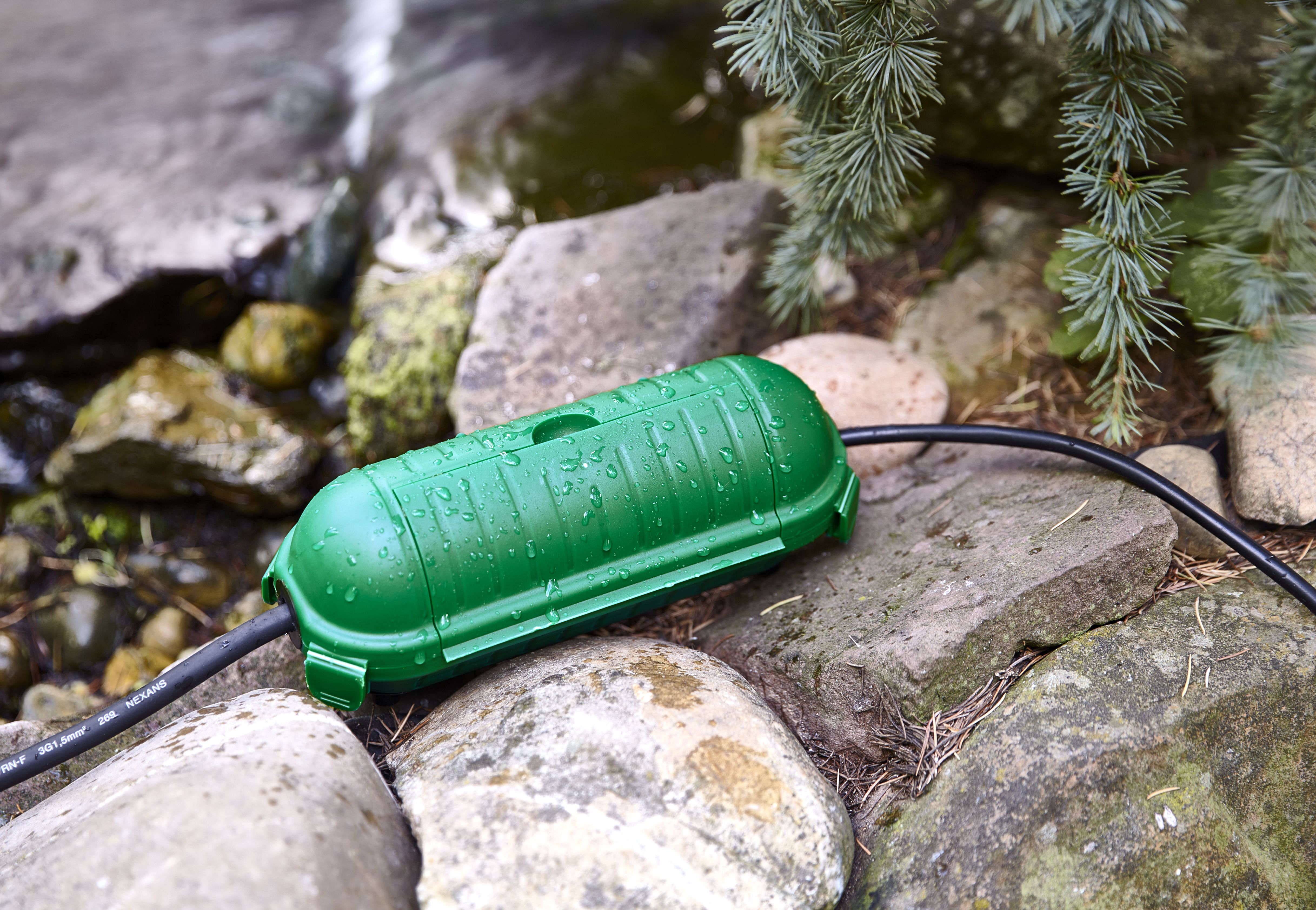 Heitronic 21050 Sicherheitsbox MINIMO, IP44, Schutz von Steckverbindungen, für Garten oder Camping, grün