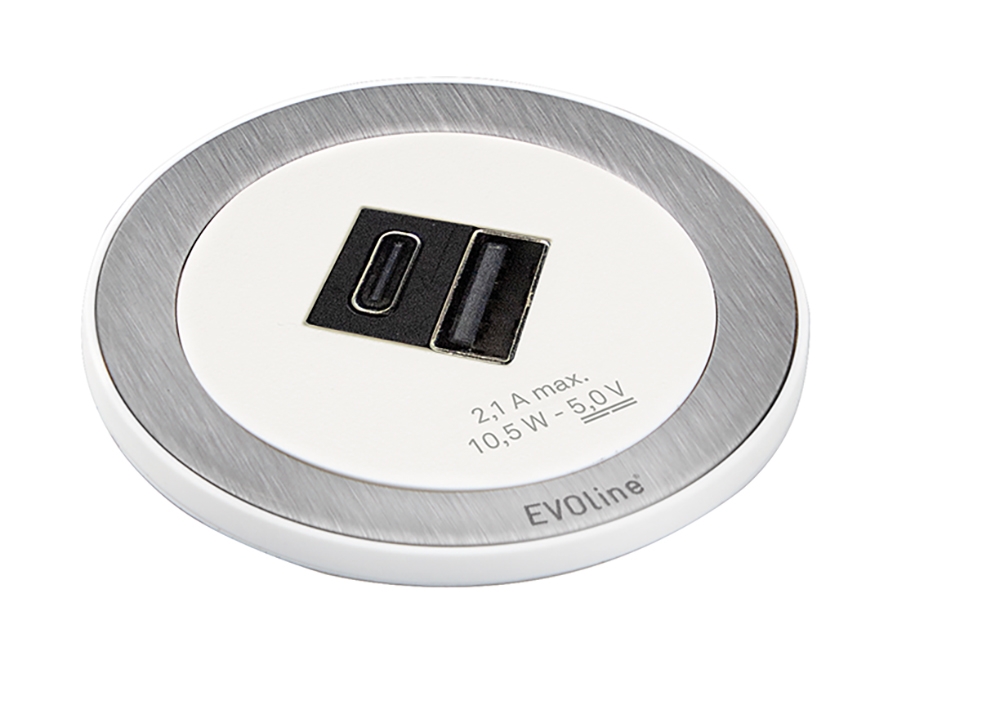 EVOline® 159280019300 One mit Doppel USB Charger Typ A + C, Netzanschlusskabel 3 m, weiß mit Edelstahleinleger