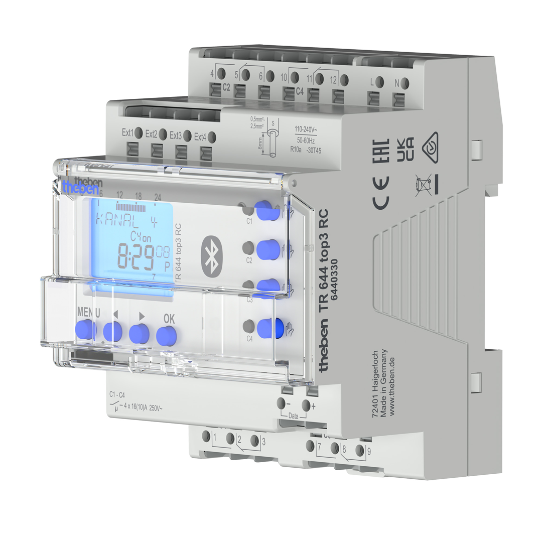 Theben 6440330 TR 644 top3 BLE RC Digitale Zeitschaltuhr, Jahresprogramm und Astro-Programm, 4 Kanäle, App-Programmierung möglich, DCF oder GNSS/GPS