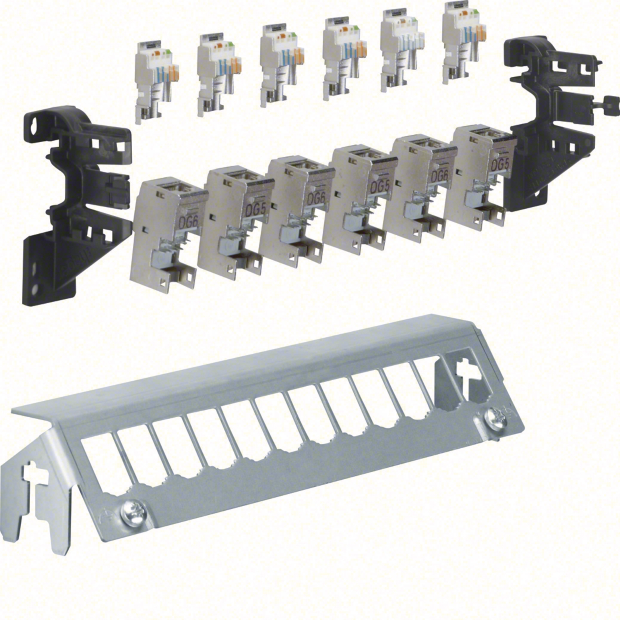 Hager FZ12MM Patch-Panel, universell, 12-fach (E-Dat) inkl. 6×RJ45 Module, Hutschiene/geschraubt